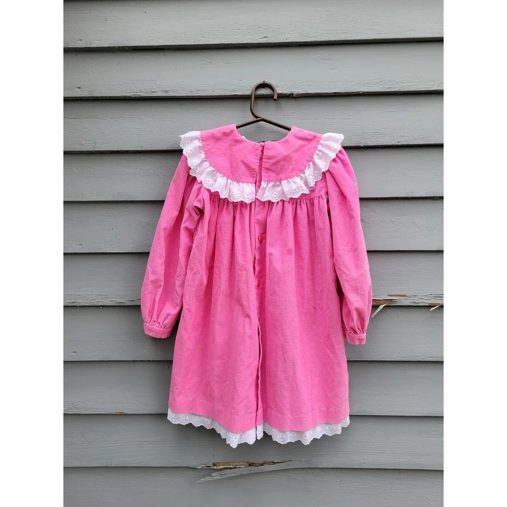Vintage 90s‎ OshKosh B'gosh Corduroy Dress Pink Eyelet Lace Floral Embroidery 6
